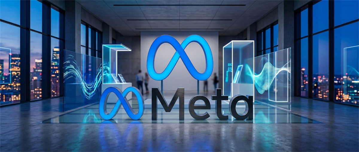 3D rendering of the Meta infinity logo and wordmark displayed in a modern glass-walled exhibition space.