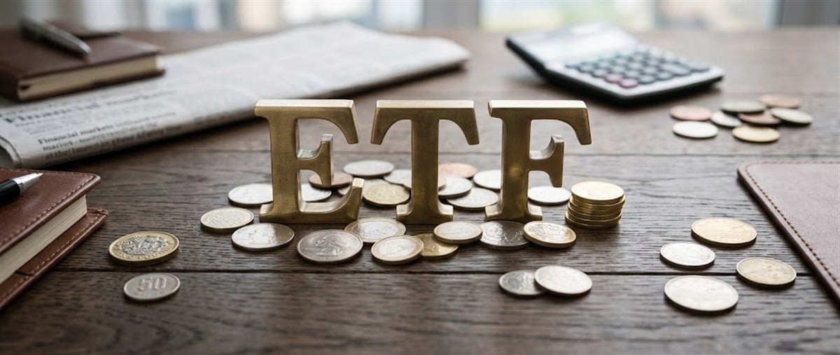 Metal letters spelling ETF surrounded by coins on a wooden desk with a calculator and newspaper.
