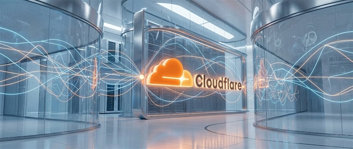 Cloudflare logo displayed in a data center with server racks and glowing digital network lines.