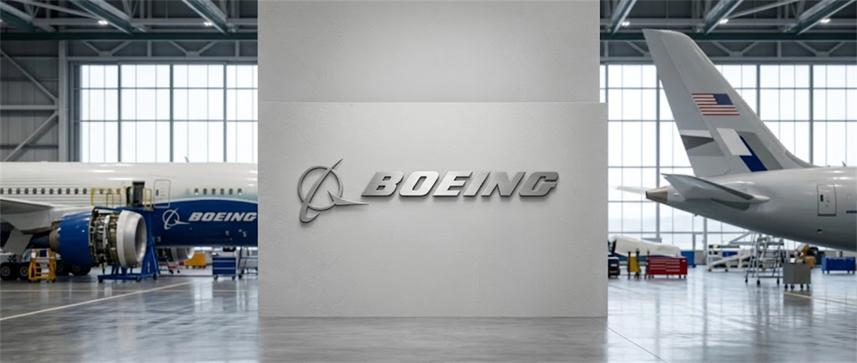 Boeing logo displayed on a wall inside a hangar with aircraft visible on both sides.