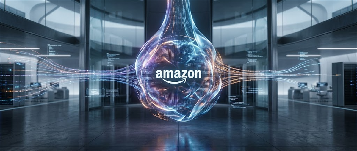 Amazon logo at the center of a glowing digital sphere with data streams in a server room.