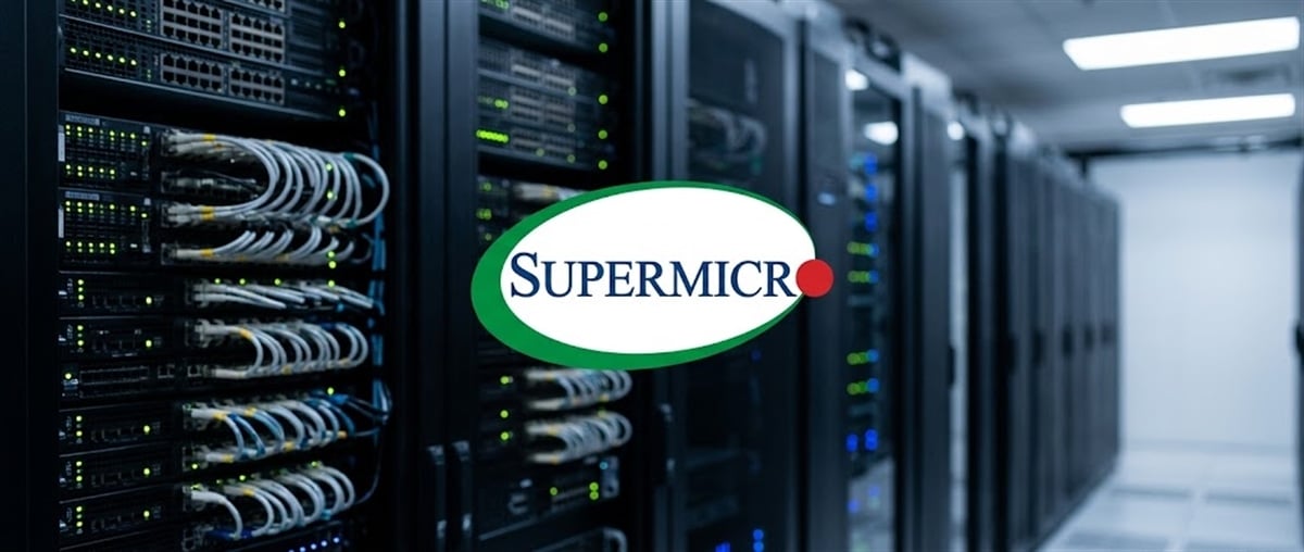 Supermicro logo displayed over a data center aisle lined with server racks and networking equipment.