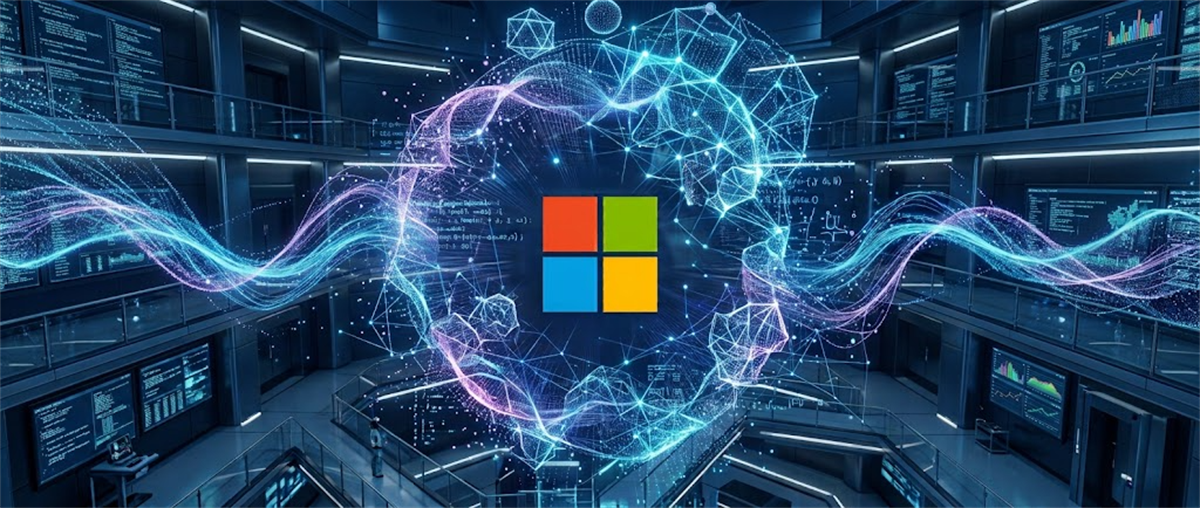Microsoft logo surrounded by a glowing digital network graphic in a data center with screens displaying charts and code.