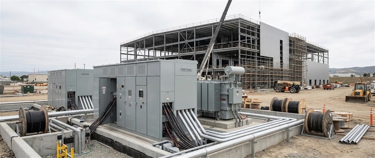 Voltmax electrical equipment and cable spools at an industrial construction site with a steel-framed building under construction.