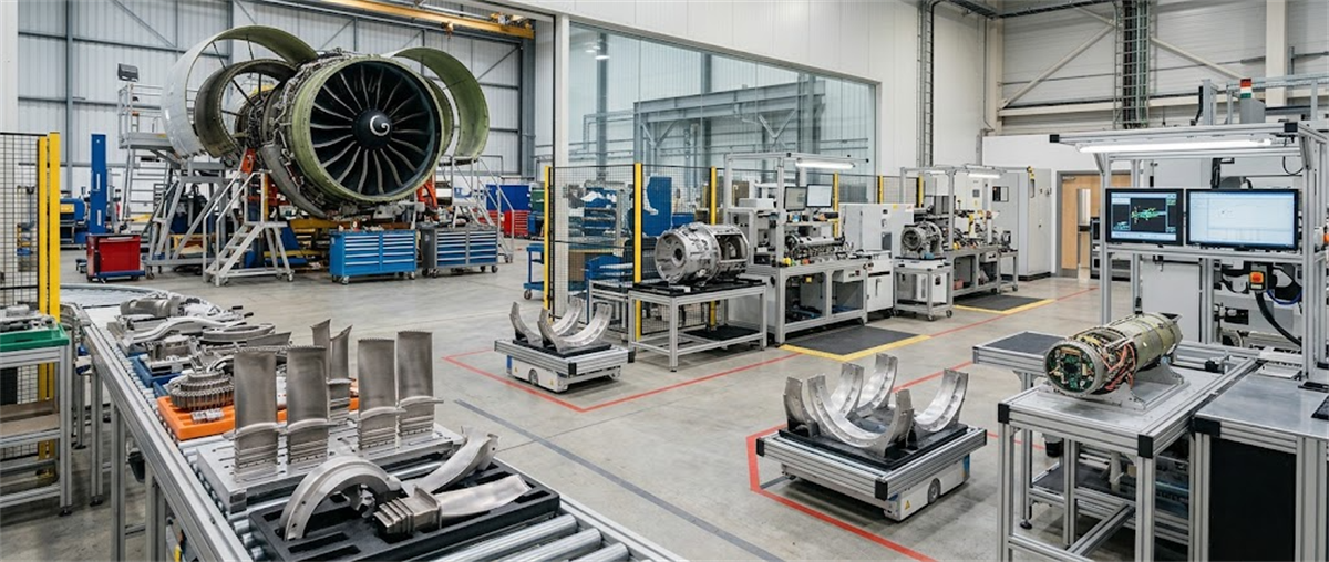 Manufacturing facility floor with a jet engine on a stand, metal turbine components, and workstation monitors.