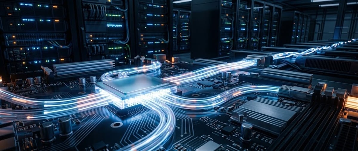 Illustration of a computer chip on a circuit board with glowing light trails, set in a data center.