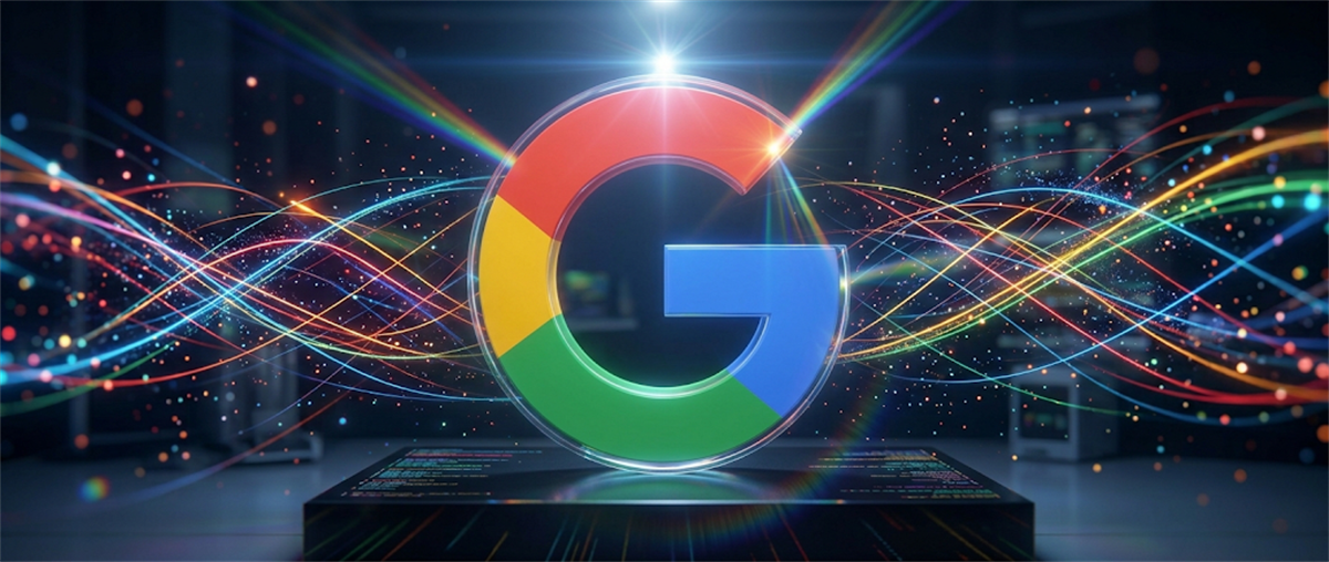 Illustration of the Google "G" logo surrounded by colorful light streaks and digital data effects.