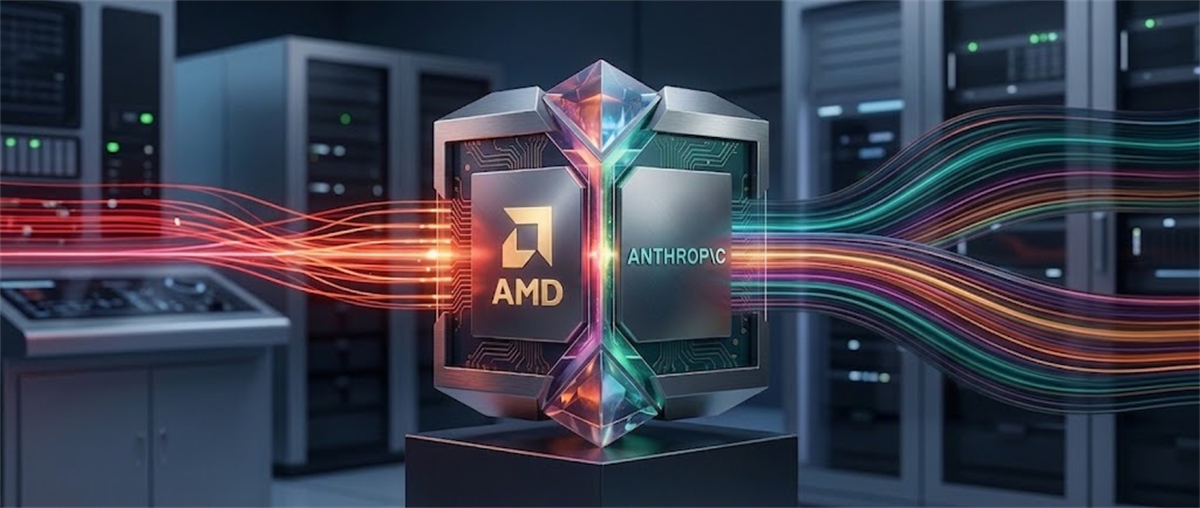 Illustration of a chip-like structure displaying AMD and Anthropic logos connected by colorful data streams in a server room.