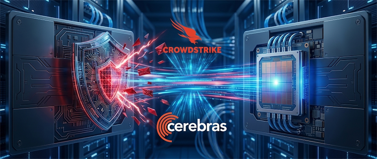 Illustration featuring CrowdStrike and Cerebras logos with a digital shield and processor chip in a server data center.