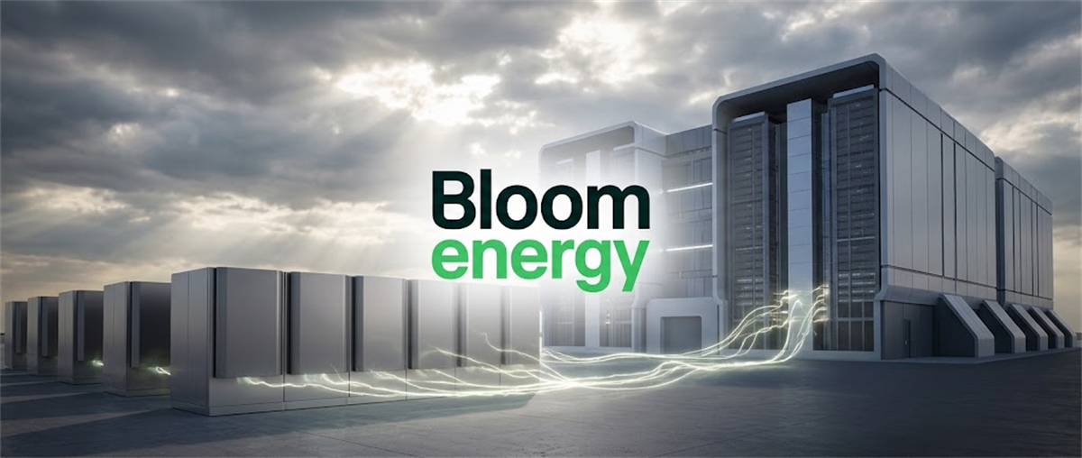 Bloom Energy logo displayed beside a row of fuel cell units and a large industrial building under a cloudy sky.
