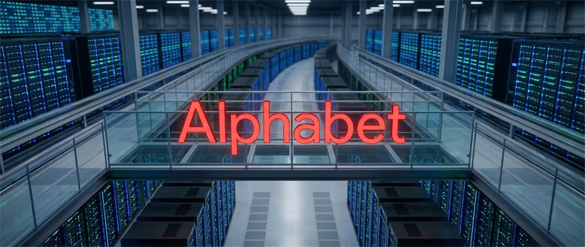 Illuminated Alphabet sign on a glass walkway in a data center lined with server racks.