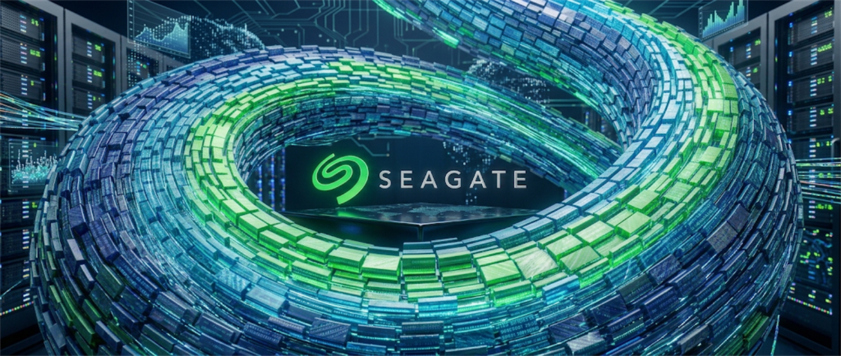 Seagate logo centered within a swirling data storage disk graphic, set against a server room background.