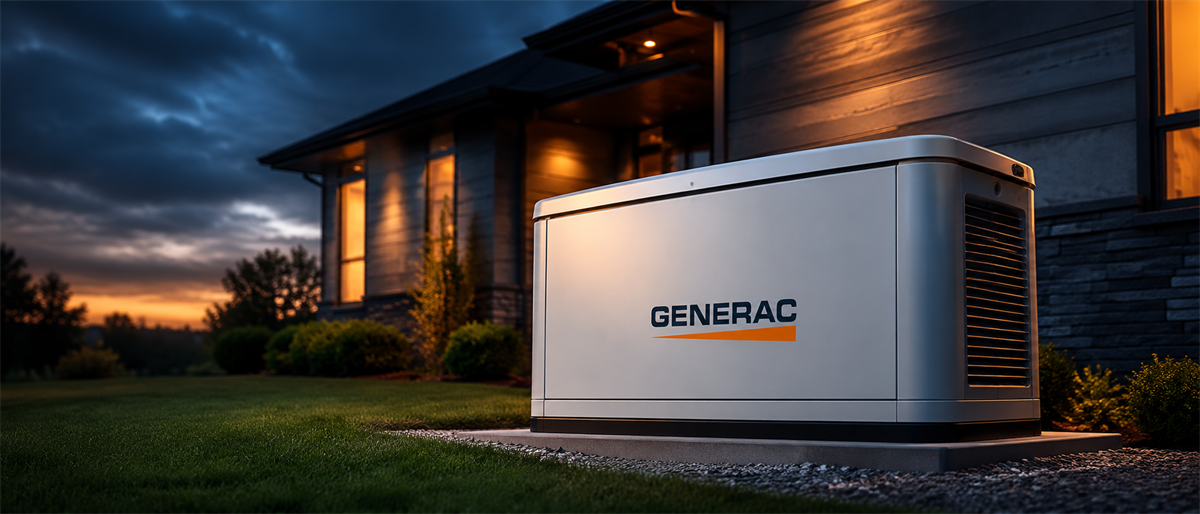 A Generac home standby generator installed on a concrete pad beside a house at dusk.