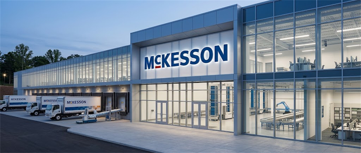 McKesson distribution facility exterior at dusk, showing branded trucks at loading docks and a glass-walled warehouse interior.