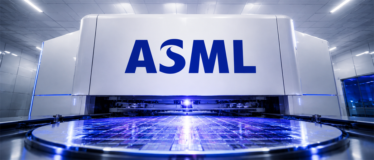 ASML logo displayed on a semiconductor lithography machine in a cleanroom with a silicon wafer below.