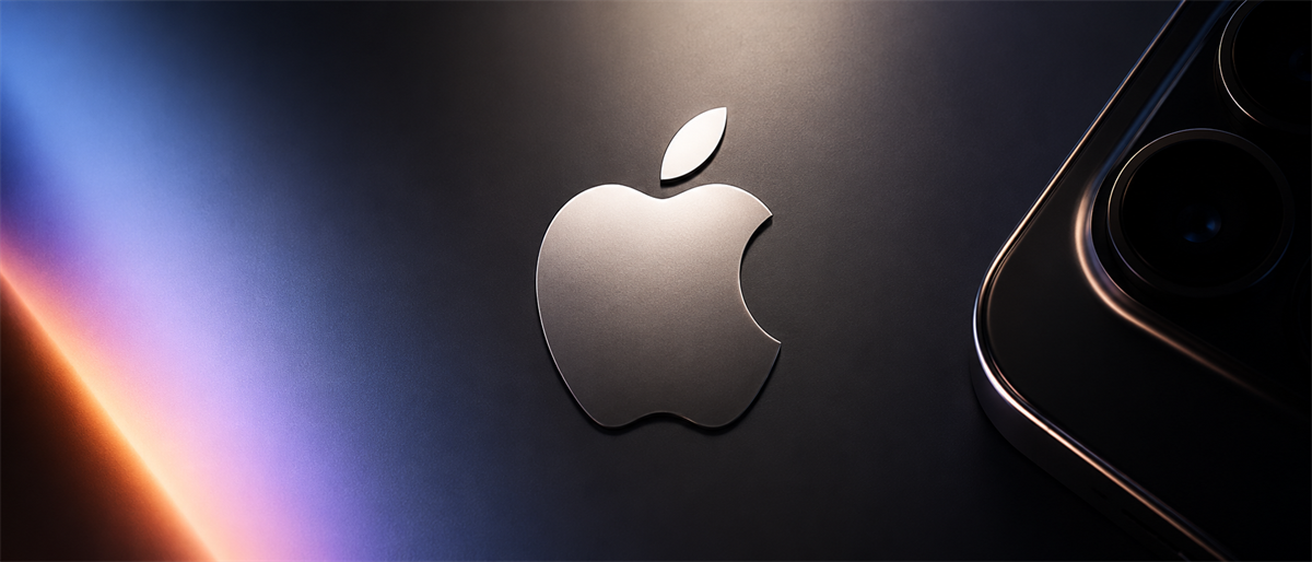 Apple logo illuminated on a dark surface beside the edge of a smartphone with visible camera lenses.