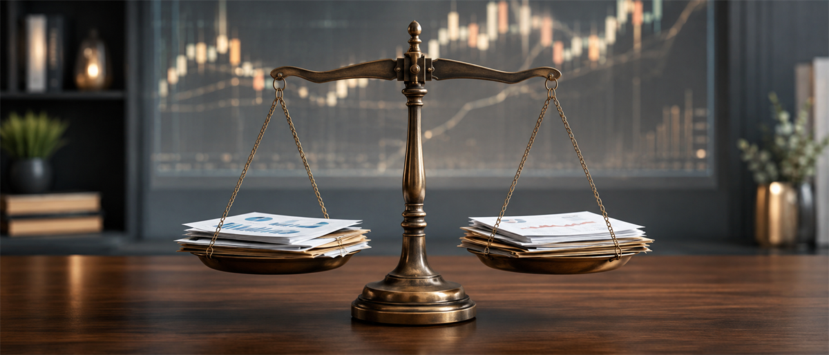 A brass balance scale weighs stacks of financial documents on a desk, with a stock candlestick chart in the background.