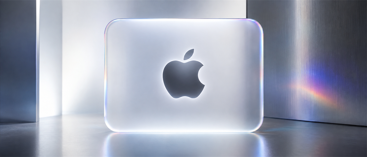 Illuminated glass panel displaying the Apple logo, set against a reflective metallic background.
