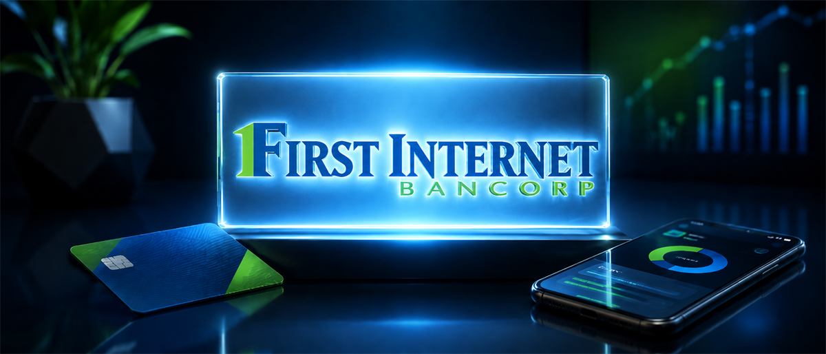 First Internet Bancorp logo illuminated on a glass panel beside a bank card and smartphone with financial charts.
