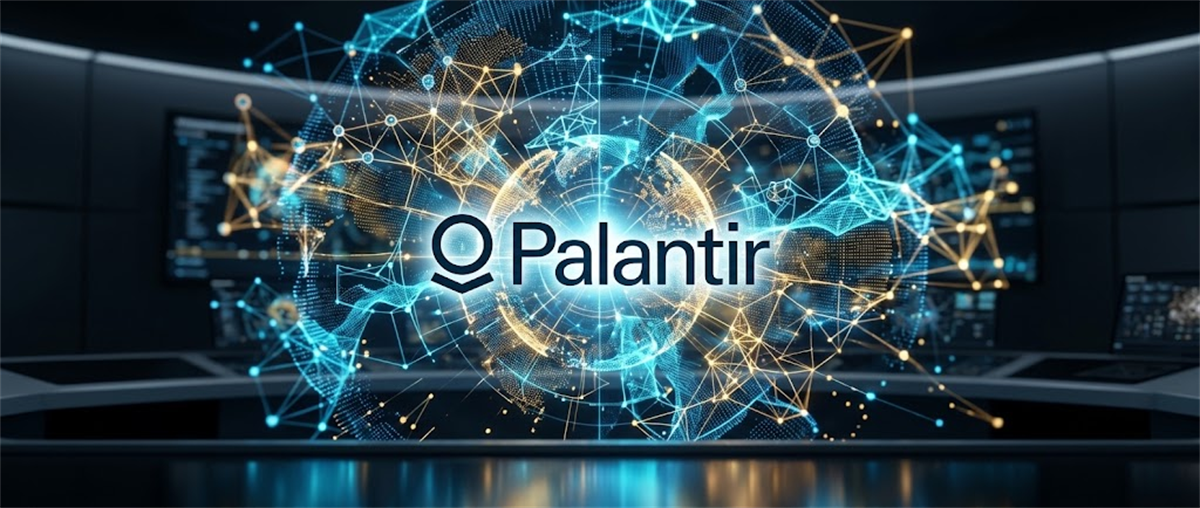 Palantir logo displayed over a digital globe with glowing network connections in a control room setting.