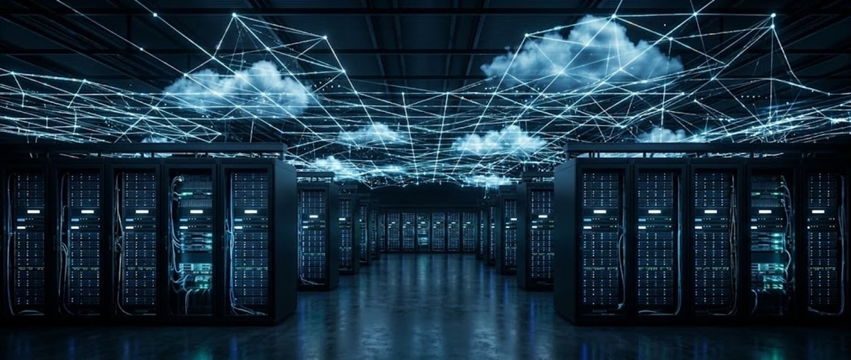 Server racks in a data center aisle with an overlaid digital network graphic and cloud icons above.