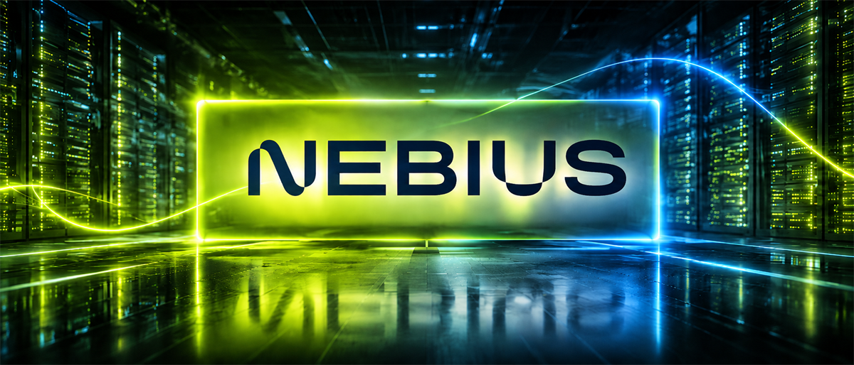 Nebius logo illuminated in green and blue neon light within a server data center aisle.