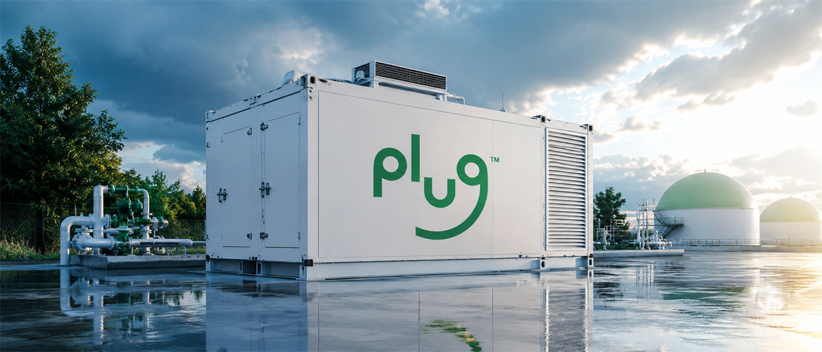 A white industrial container unit with the Plug logo stands outdoors near piping and storage tanks.