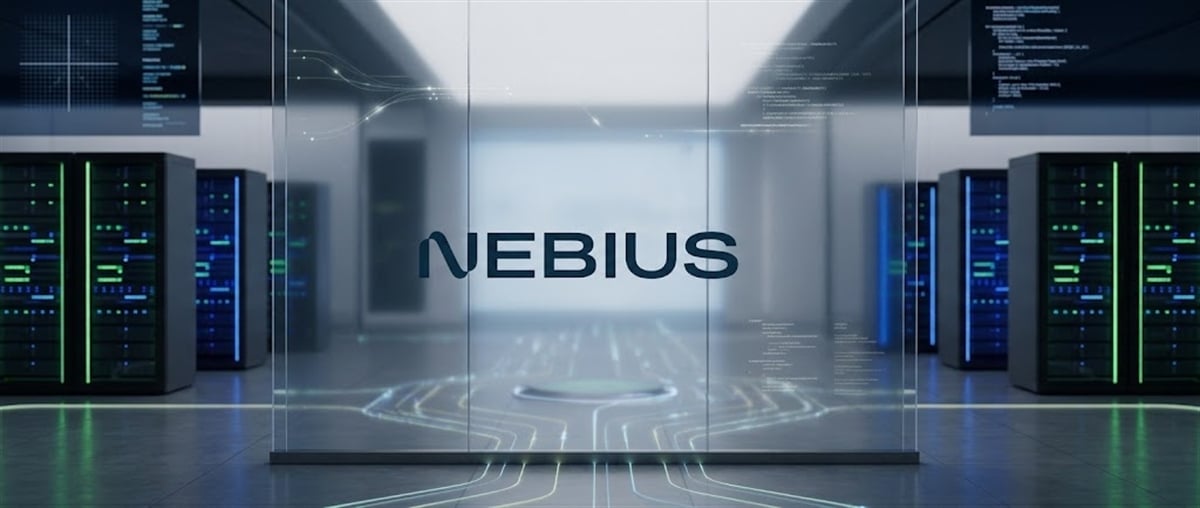 Nebius logo displayed on glass panel in a data center aisle lined with server racks.
