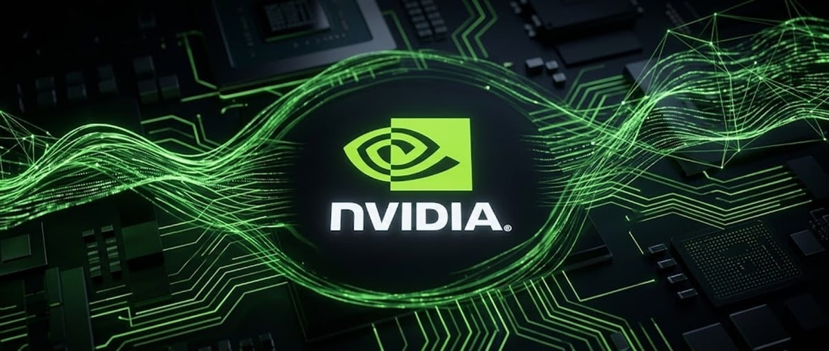 Nvidia logo illuminated in green on a circuit board background with glowing data connection lines.