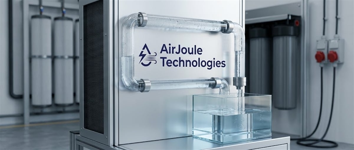 AirJoule Technologies logo displayed on a water-collection machine with tubing filling a clear container in a lab.