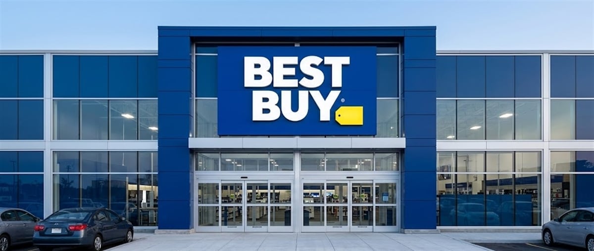 Exterior of a Best Buy retail store showing the illuminated logo above glass entrance doors and parked cars.