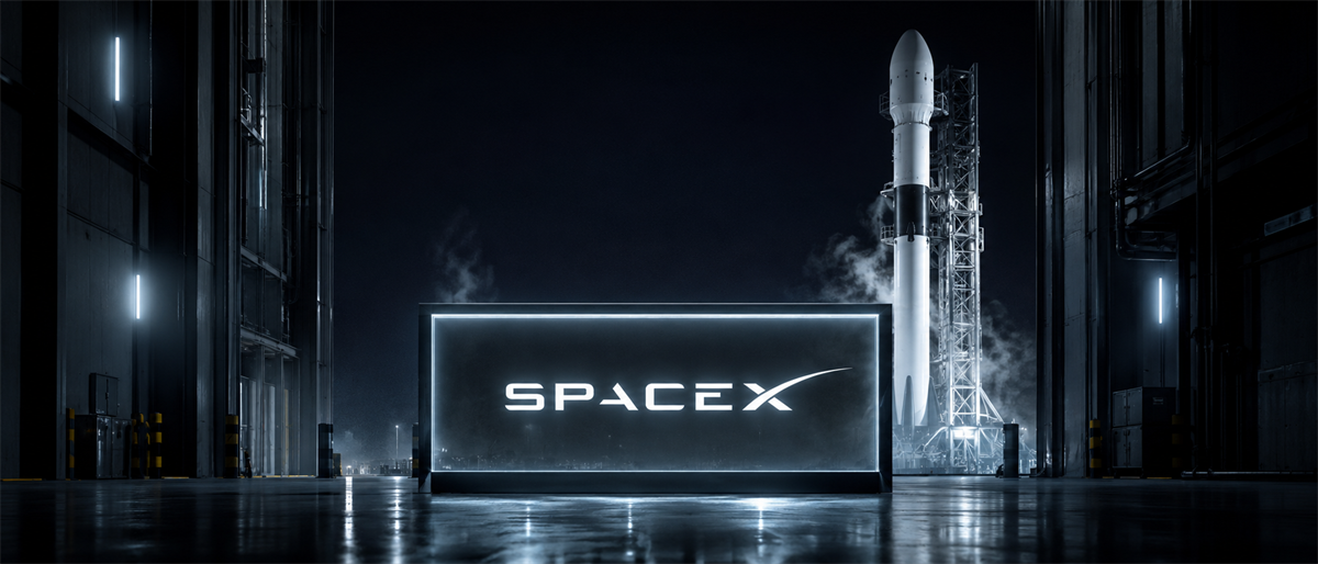 Illuminated SpaceX logo sign in a dark hangar with a rocket on a launch tower in the background.