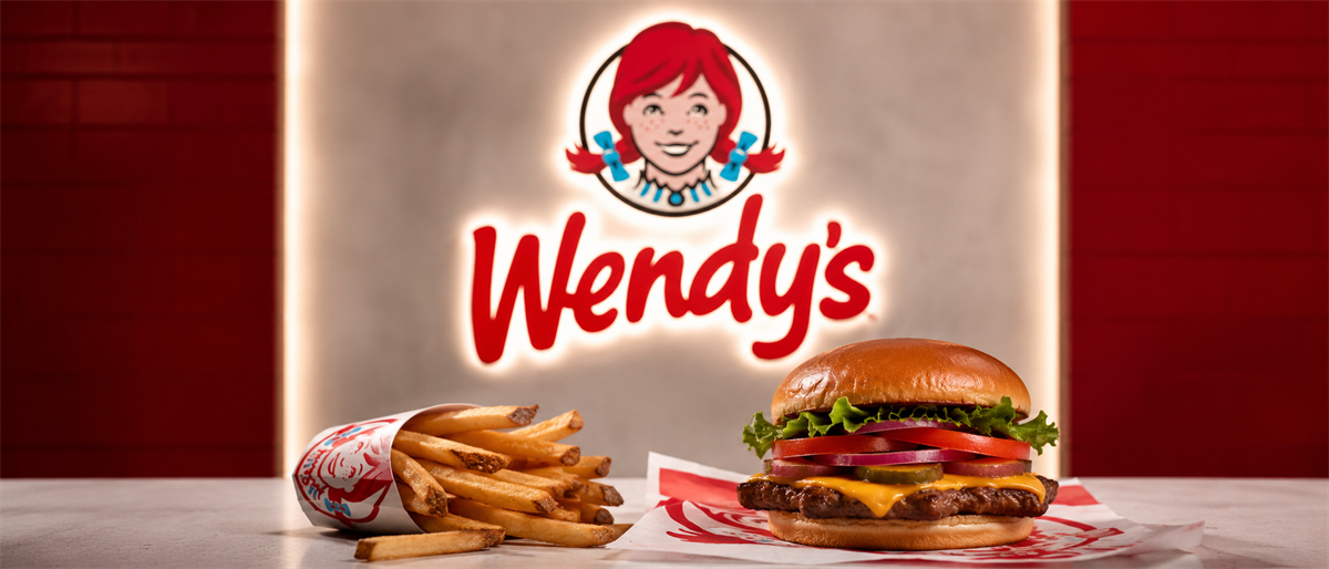 Wendy's logo illuminated on a wall behind a burger and fries displayed on a counter.