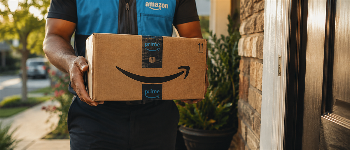 Amazon delivery worker in branded vest holding a Prime package at a customer's front door.