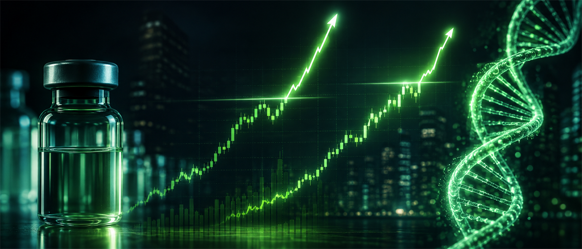 Illustration of a vial with an upward stock price chart and DNA double helix against a city skyline, symbolizing biotech growth.