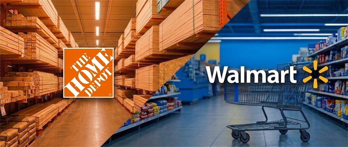 Split image comparing a Home Depot store aisle with lumber to a Walmart store aisle with a shopping cart.