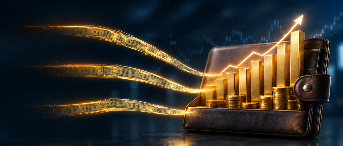 Illustration of an open wallet with an ascending gold bar chart and glowing streams of currency flowing into it.