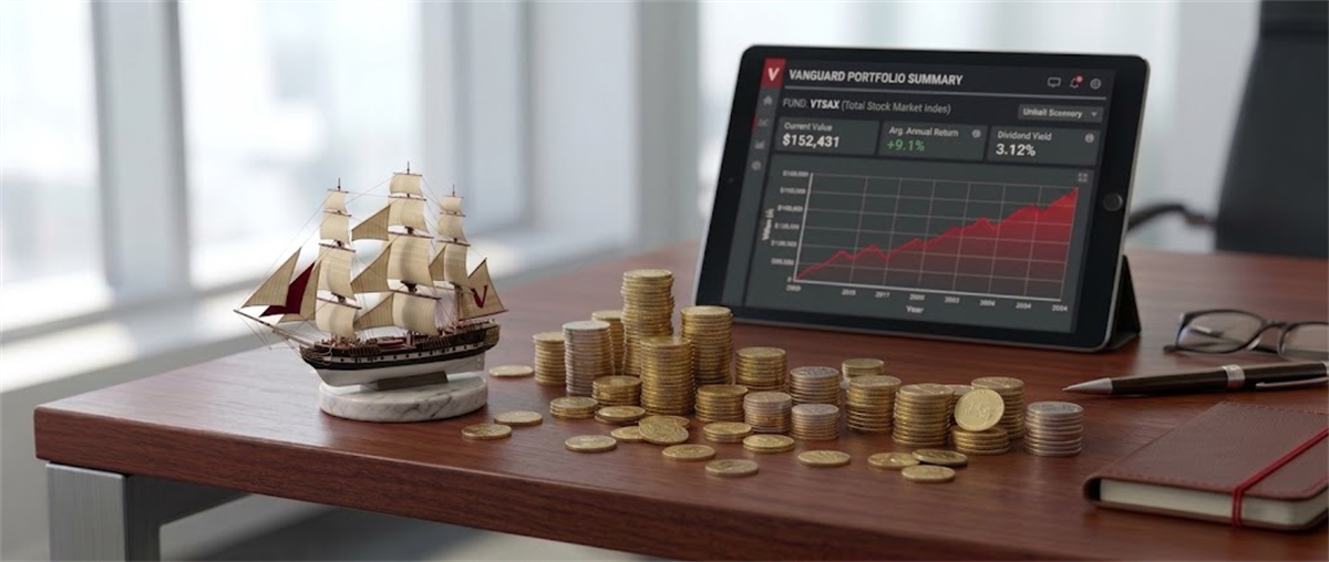 Model ship and stacked coins beside a tablet showing a Vanguard VTSAX portfolio summary and growth chart on a desk.