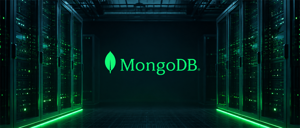 MongoDB logo displayed in a server room aisle lined with illuminated data center racks.