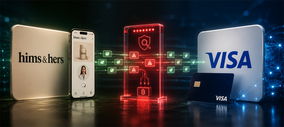 Illustration showing Hims & Hers logo and app connected through a security checkpoint icon to the Visa logo and card.