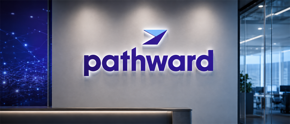 Illuminated Pathward logo displayed on a wall in a corporate office reception area with glass doors.