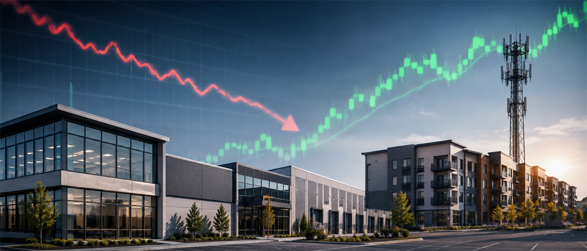 Composite image of commercial and residential buildings with a cell tower, overlaid with a declining red chart and rising green candlestick chart.