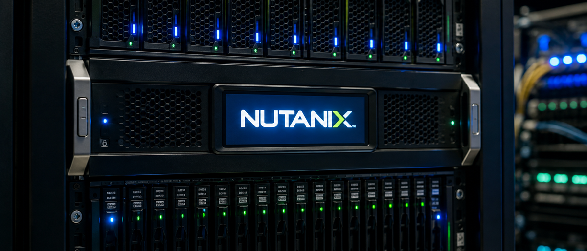 Nutanix logo displayed on a server unit mounted within a data center equipment rack.