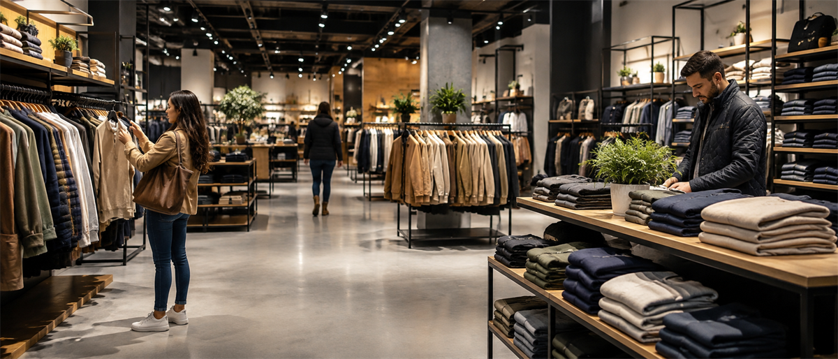 Shoppers browse folded and hanging clothing in a retail apparel store with shelves and racks displayed.