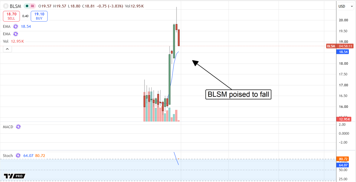 BLSM chart displaying the stock's price action since its IPO, with annotation reading "BLSM poised to fall."