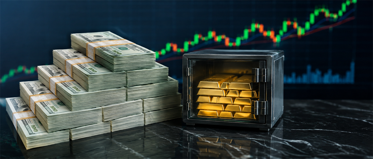Stacks of hundred-dollar bills beside a small safe holding gold bars, with a candlestick price chart in the background.