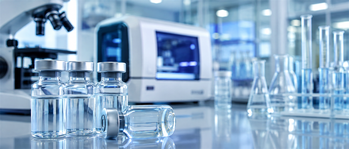 Glass vials, flasks, test tubes, and a microscope in a laboratory setting with scientific analysis equipment.