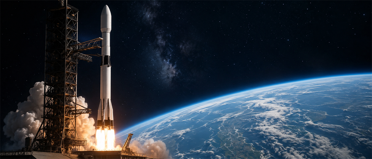 Composite image of a rocket launching from a tower with flames and smoke, Earth's curvature visible in the background.