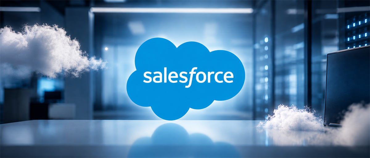 Salesforce logo displayed as a cloud shape on a table in a blurred office setting with server equipment.
