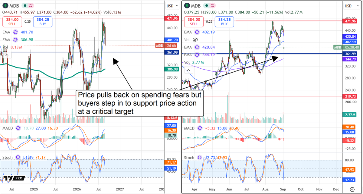 MongoDB stock pulls back on spending concerns but finds buyer support near a critical $362 technical level.